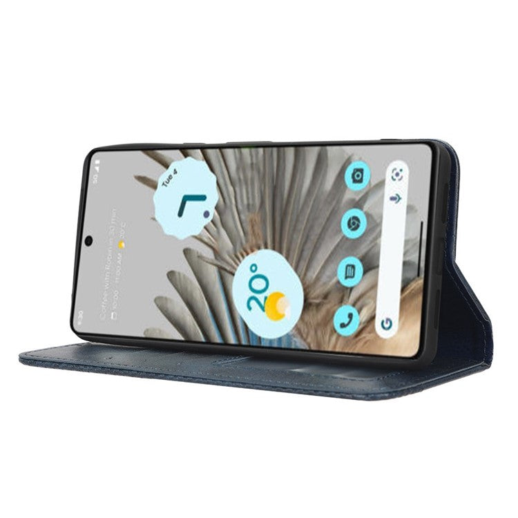 Cell Phone Cover For Google Pixel 7 5G, Wallet Case Magnetic Auto Closing PU Leather Retro Imprint Pattern Anti-Srcratch Phone Shell with Stand - Blue