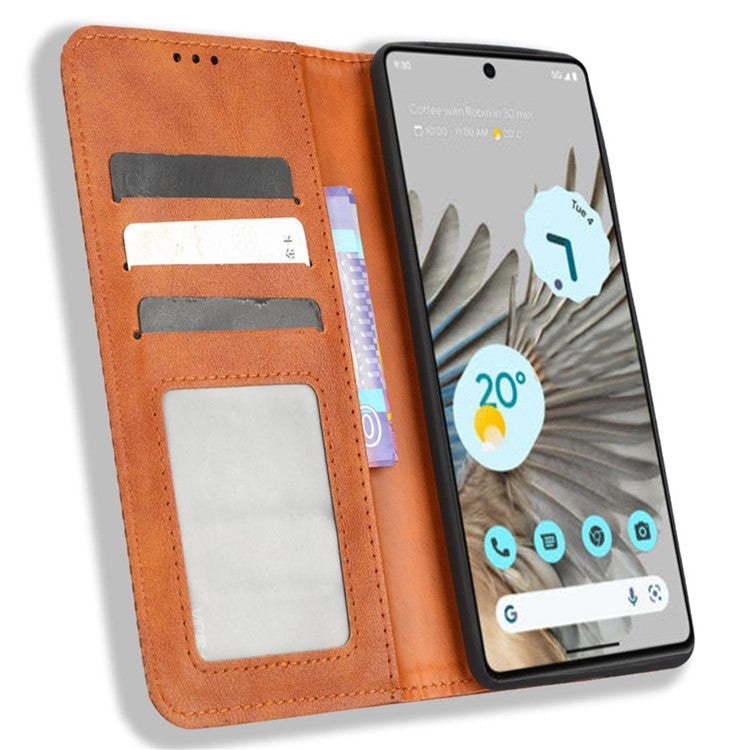 Cell Phone Cover For Google Pixel 7 5G, Wallet Case Magnetic Auto Closing PU Leather Retro Imprint Pattern Anti-Srcratch Phone Shell with Stand - Brown