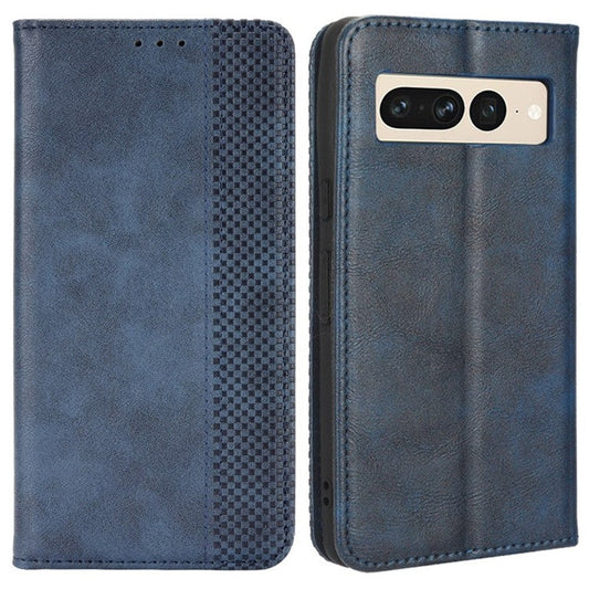 For Google Pixel 7 Pro 5G Retro Imprint Pattern Magnetic Auto Closing Phone Case Anti-shock Folio Flip Leather Wallet Cover with Stand - Blue