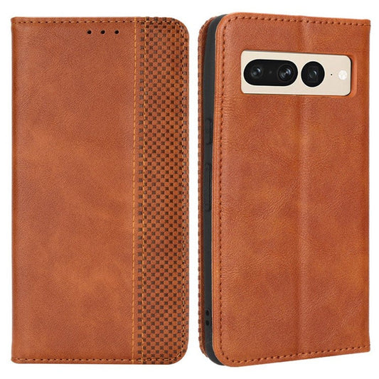 For Google Pixel 7 Pro 5G Retro Imprint Pattern Magnetic Auto Closing Phone Case Anti-shock Folio Flip Leather Wallet Cover with Stand - Brown