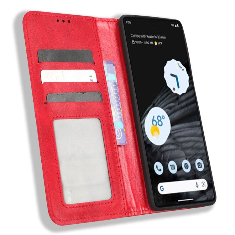 For Google Pixel 7 Pro 5G Retro Imprint Pattern Magnetic Auto Closing Phone Case Anti-shock Folio Flip Leather Wallet Cover with Stand - Red