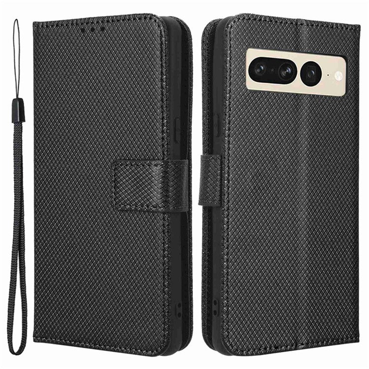 For Google Pixel 7 Pro 5G Drop-proof Cell Phone Cover Diamond Texture Phone Folio Flip Leather Wallet Case with Stand - Black