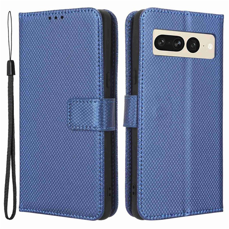 For Google Pixel 7 Pro 5G Drop-proof Cell Phone Cover Diamond Texture Phone Folio Flip Leather Wallet Case with Stand - Blue