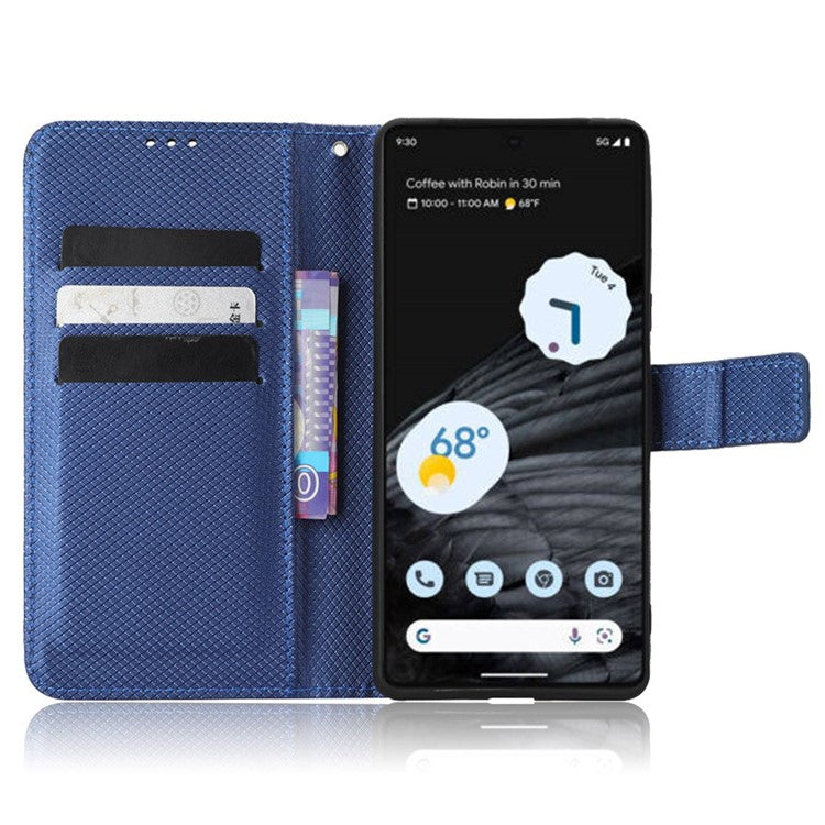 For Google Pixel 7 Pro 5G Drop-proof Cell Phone Cover Diamond Texture Phone Folio Flip Leather Wallet Case with Stand - Blue