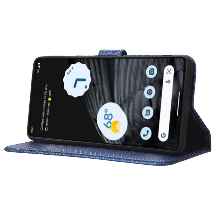 For Google Pixel 7 Pro 5G Drop-proof Cell Phone Cover Diamond Texture Phone Folio Flip Leather Wallet Case with Stand - Blue