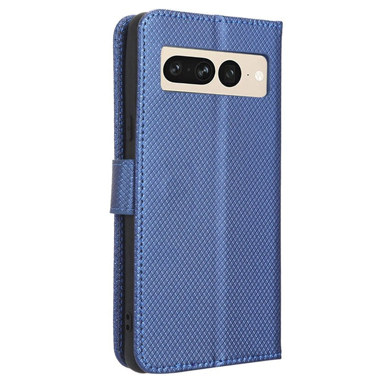 For Google Pixel 7 Pro 5G Drop-proof Cell Phone Cover Diamond Texture Phone Folio Flip Leather Wallet Case with Stand - Blue