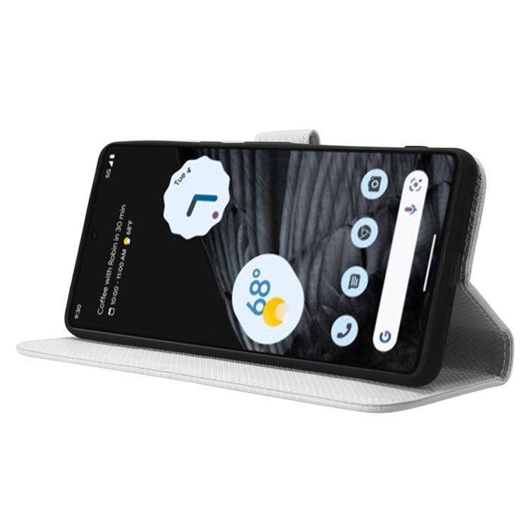 For Google Pixel 7 Pro 5G Drop-proof Cell Phone Cover Diamond Texture Phone Folio Flip Leather Wallet Case with Stand - White
