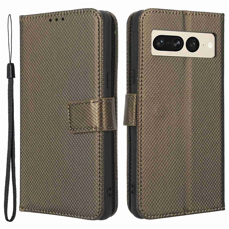 For Google Pixel 7 Pro 5G Drop-proof Cell Phone Cover Diamond Texture Phone Folio Flip Leather Wallet Case with Stand - Brown