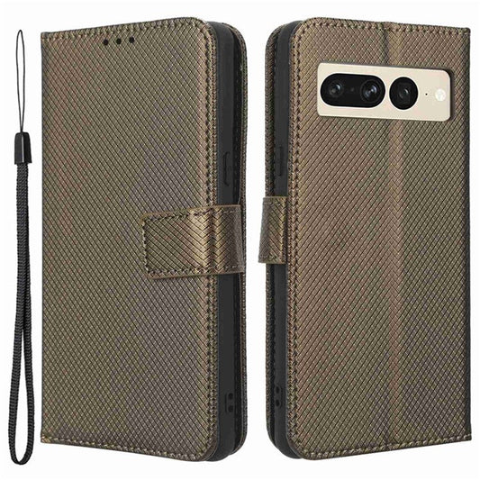 For Google Pixel 7 Pro 5G Drop-proof Cell Phone Cover Diamond Texture Phone Folio Flip Leather Wallet Case with Stand - Brown