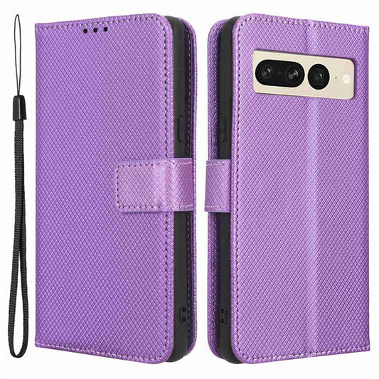 For Google Pixel 7 Pro 5G Drop-proof Cell Phone Cover Diamond Texture Phone Folio Flip Leather Wallet Case with Stand - Purple