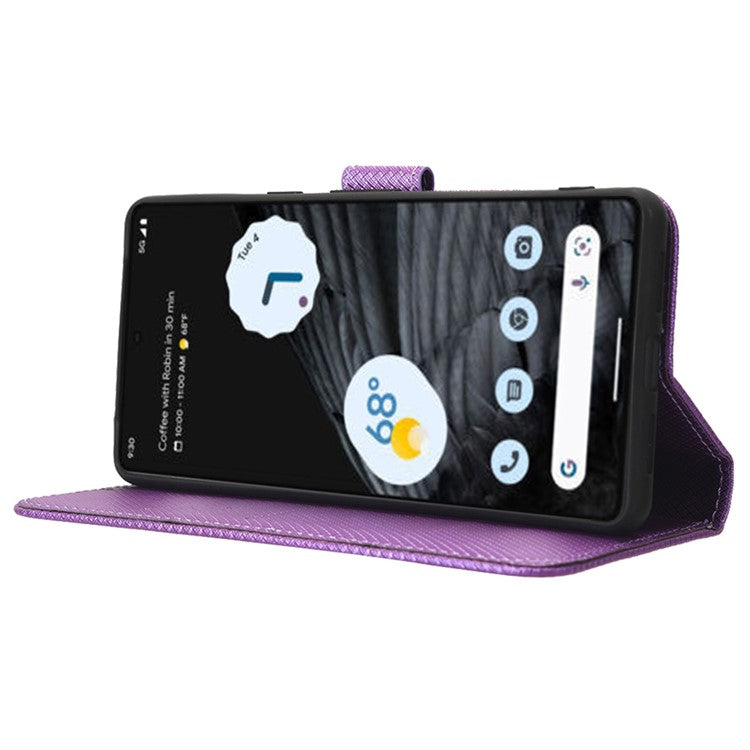 For Google Pixel 7 Pro 5G Drop-proof Cell Phone Cover Diamond Texture Phone Folio Flip Leather Wallet Case with Stand - Purple