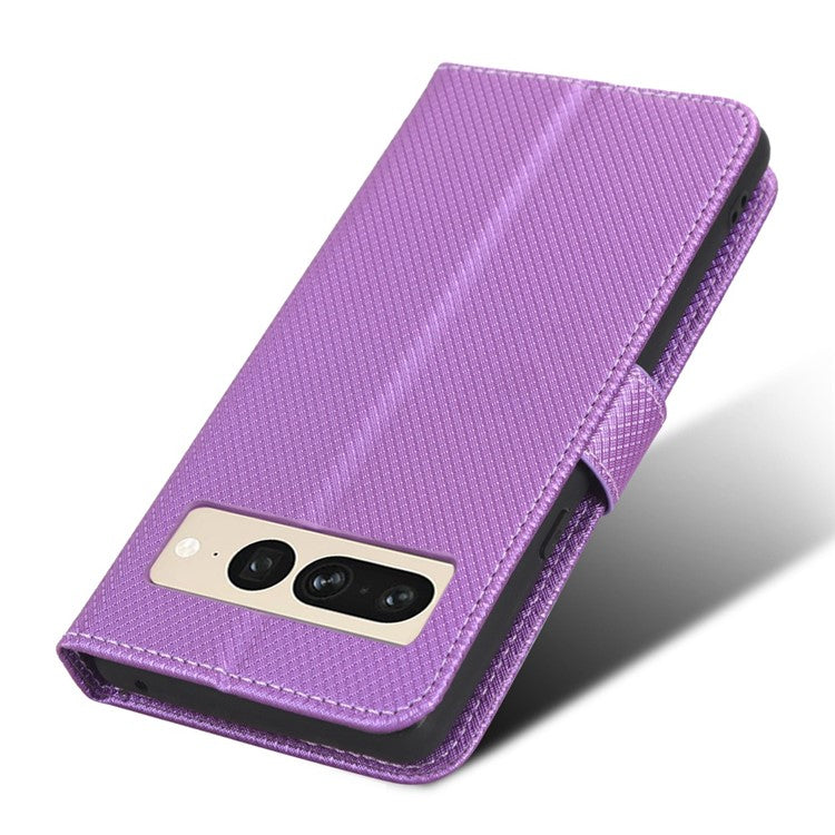 For Google Pixel 7 Pro 5G Drop-proof Cell Phone Cover Diamond Texture Phone Folio Flip Leather Wallet Case with Stand - Purple