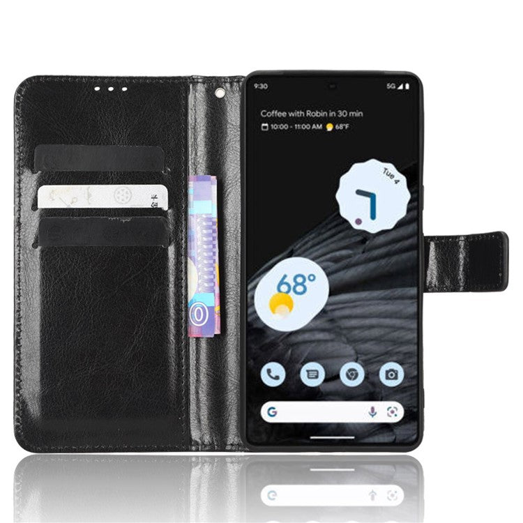 Anti-fall Phone Case For Google Pixel 7 Pro 5G, PU Leather Crazy Horse Texture Magnetic Clasp Full Protection Phone Wallet Cover with Stand - Black