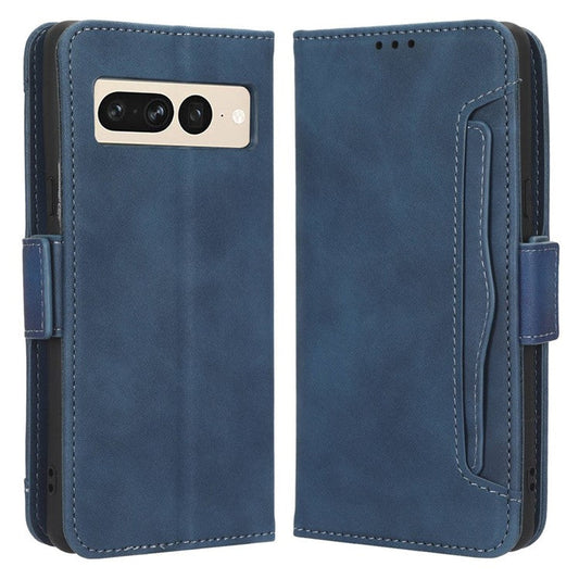 Anti-drop Cell Phone Cover For Google Pixel 7 Pro 5G, Multiple Card Slots PU Leather Wallet Case Dual Magnetic Clasp Phone Shell with Stand - Blue