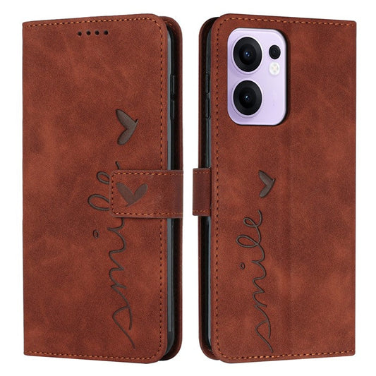 For Oppo Reno13 F 5G Case Viewing Stand PU Leather Phone Cover Imprinted Heart Pattern - Brown