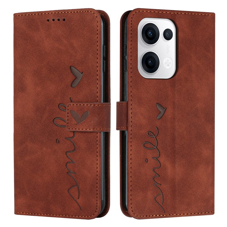For Oppo Reno13 5G (Global) Case Viewing Stand PU Leather Phone Cover Imprinted Heart Pattern - Brown