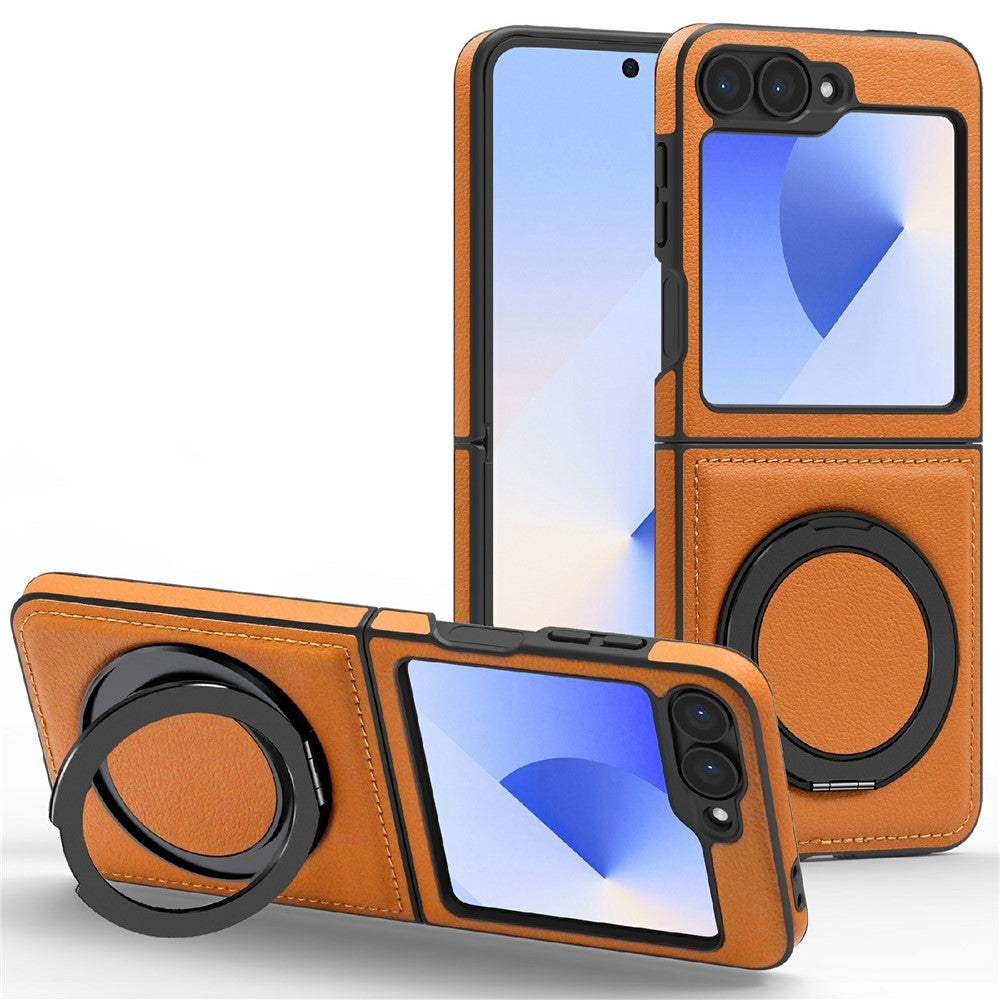 For Samsung Galaxy Z Flip7 FE 5G / Z Flip6 5G Case with Ring Kickstand Compatible with MagSafe PU Leather Back Cover - Brown