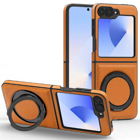 For Samsung Galaxy Z Flip7 FE 5G / Z Flip6 5G Case with Ring Kickstand Compatible with MagSafe PU Leather Back Cover - Brown