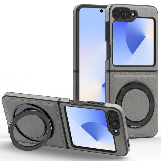 For Samsung Galaxy Z Flip7 FE 5G / Z Flip6 5G Case with Ring Kickstand Compatible with MagSafe PU Leather Back Cover - Grey