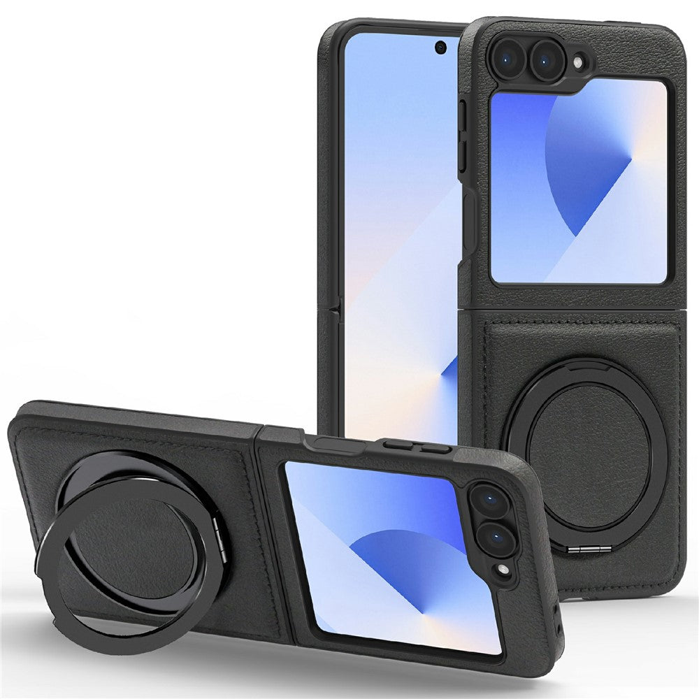 For Samsung Galaxy Z Flip7 FE 5G / Z Flip6 5G Case with Ring Kickstand Compatible with MagSafe PU Leather Back Cover - Black