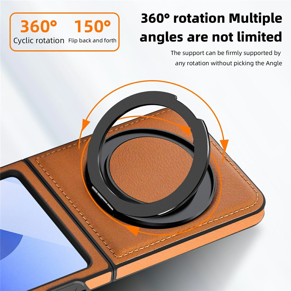 For Samsung Galaxy Z Flip7 FE 5G / Z Flip6 5G Case with Ring Kickstand Compatible with MagSafe PU Leather Back Cover - Orange