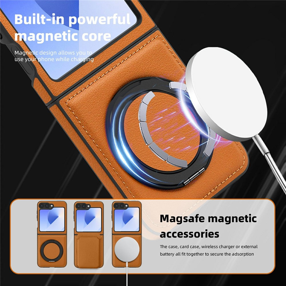 For Samsung Galaxy Z Flip7 FE 5G / Z Flip6 5G Case with Ring Kickstand Compatible with MagSafe PU Leather Back Cover - Orange