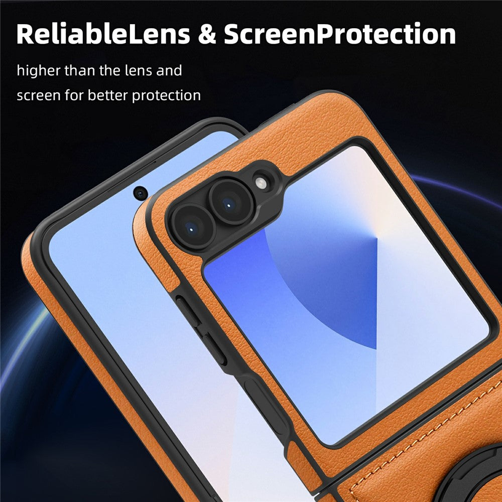 For Samsung Galaxy Z Flip7 FE 5G / Z Flip6 5G Case with Ring Kickstand Compatible with MagSafe PU Leather Back Cover - Orange
