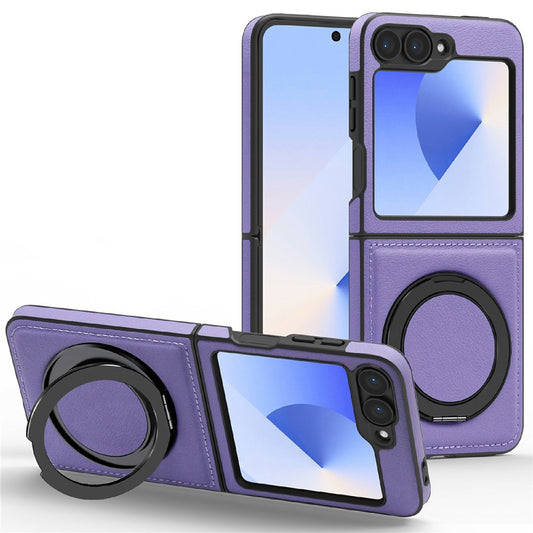 For Samsung Galaxy Z Flip7 FE 5G / Z Flip6 5G Case with Ring Kickstand Compatible with MagSafe PU Leather Back Cover - Purple