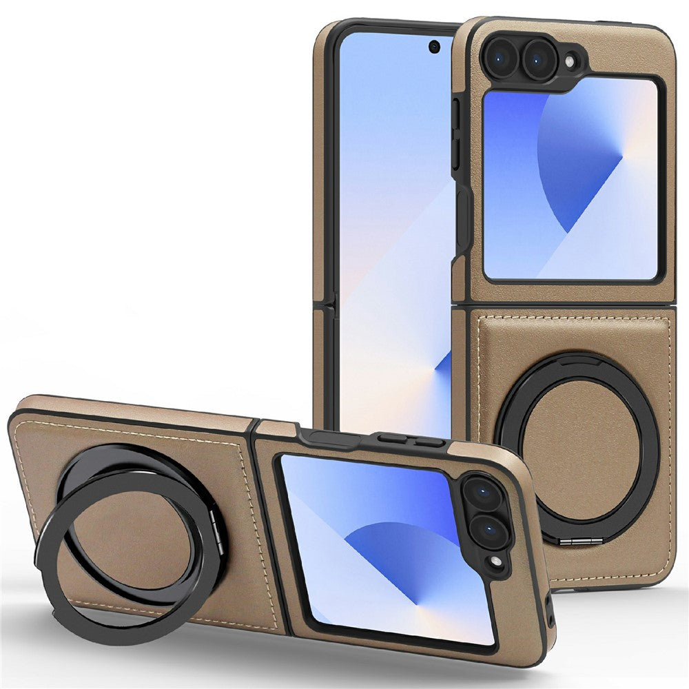 For Samsung Galaxy Z Flip7 FE 5G / Z Flip6 5G Case with Ring Kickstand Compatible with MagSafe PU Leather Back Cover - Desert Gold