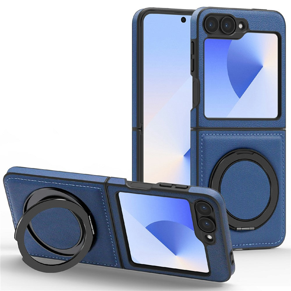 For Samsung Galaxy Z Flip7 FE 5G / Z Flip6 5G Case with Ring Kickstand Compatible with MagSafe PU Leather Back Cover - Sapphire