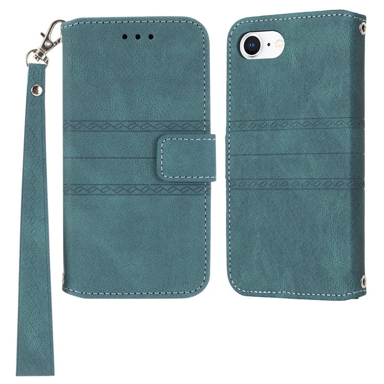 For iPhone 16e Case Wallet Skin-Touch Leather Imprinted Phone Cover - Blackish Green