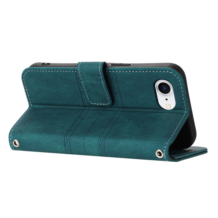 For iPhone 16e Case Wallet Skin-Touch Leather Imprinted Phone Cover - Blackish Green