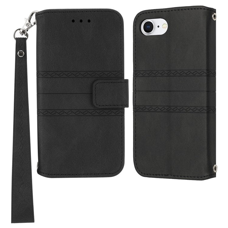 For iPhone 16e Case Wallet Skin-Touch Leather Imprinted Phone Cover - Black