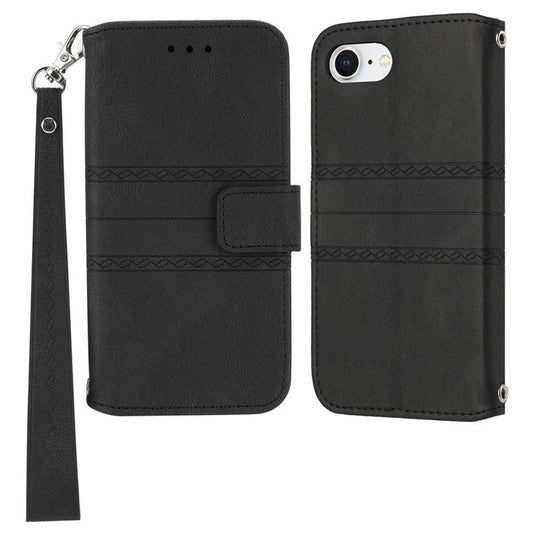 For iPhone 16e Case Wallet Skin-Touch Leather Imprinted Phone Cover - Black
