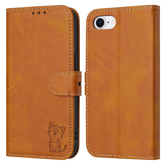 For iPhone 16e Case Happy Cat Pattern Imprinted Leather Wallet Phone Cover - Yellow