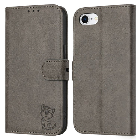 For iPhone 16e Case Happy Cat Pattern Imprinted Leather Wallet Phone Cover - Grey