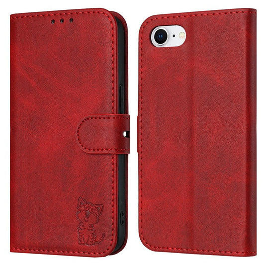 For iPhone 16e Case Happy Cat Pattern Imprinted Leather Wallet Phone Cover - Red