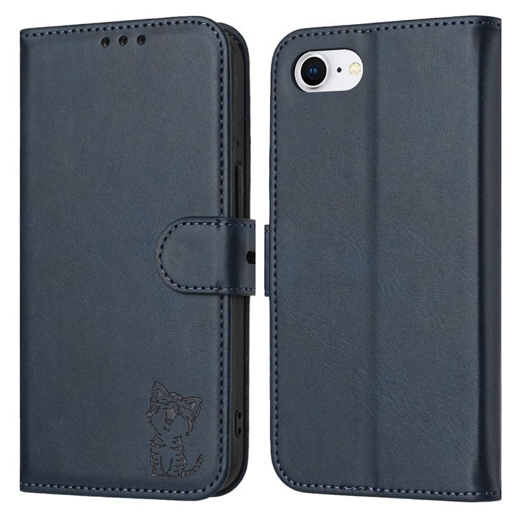 For iPhone 16e Case Happy Cat Pattern Imprinted Leather Wallet Phone Cover - Blue