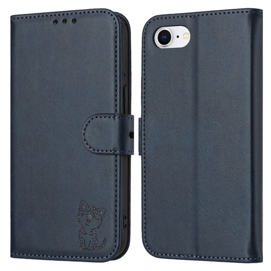 For iPhone 16e Case Happy Cat Pattern Imprinted Leather Wallet Phone Cover - Blue