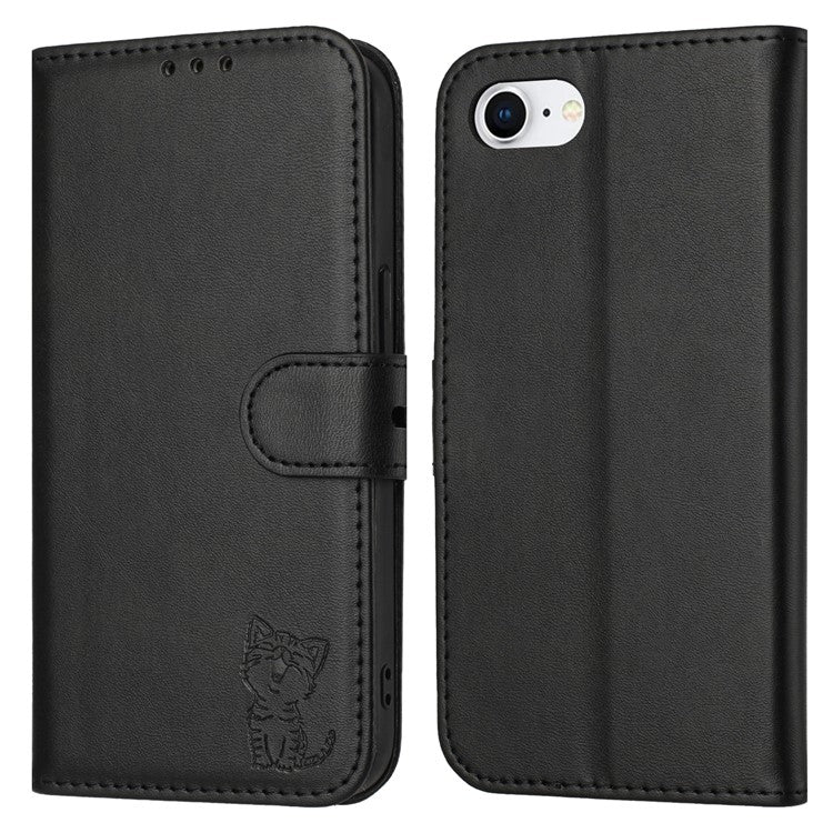 For iPhone 16e Case Happy Cat Pattern Imprinted Leather Wallet Phone Cover - Black