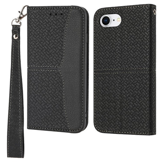 For iPhone 16e Case Woven Texture PU Leather Wallet Phone Cover - Black