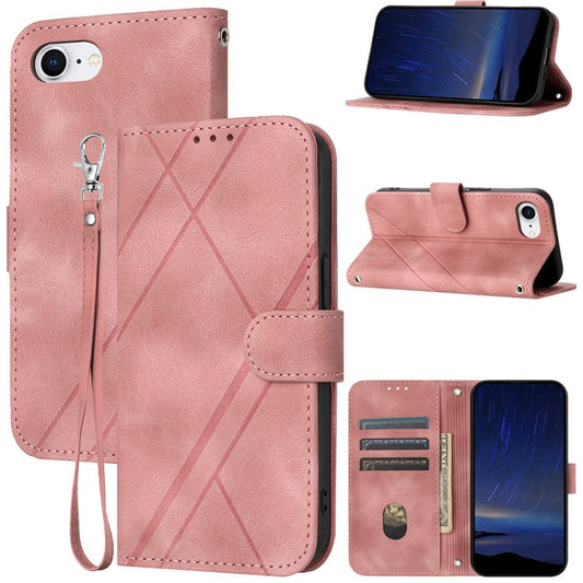 For iPhone 16e Case Imprinted Line Leather Phone Cover with Handy Strap - Pink