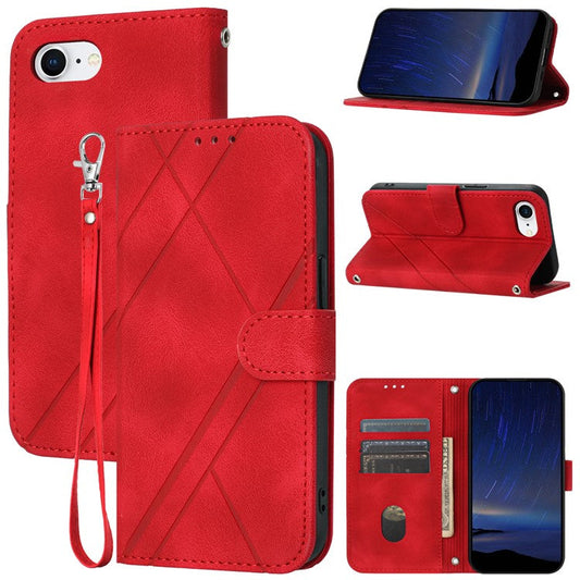 For iPhone 16e Case Imprinted Line Leather Phone Cover with Handy Strap - Red