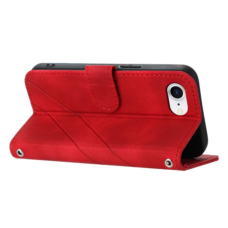 For iPhone 16e Case Imprinted Line Leather Phone Cover with Handy Strap - Red