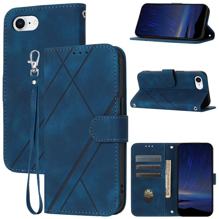 For iPhone 16e Case Imprinted Line Leather Phone Cover with Handy Strap - Blue