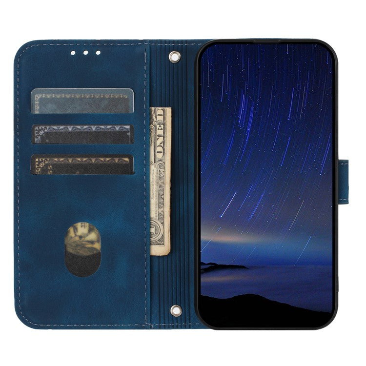 For iPhone 16e Case Imprinted Line Leather Phone Cover with Handy Strap - Blue