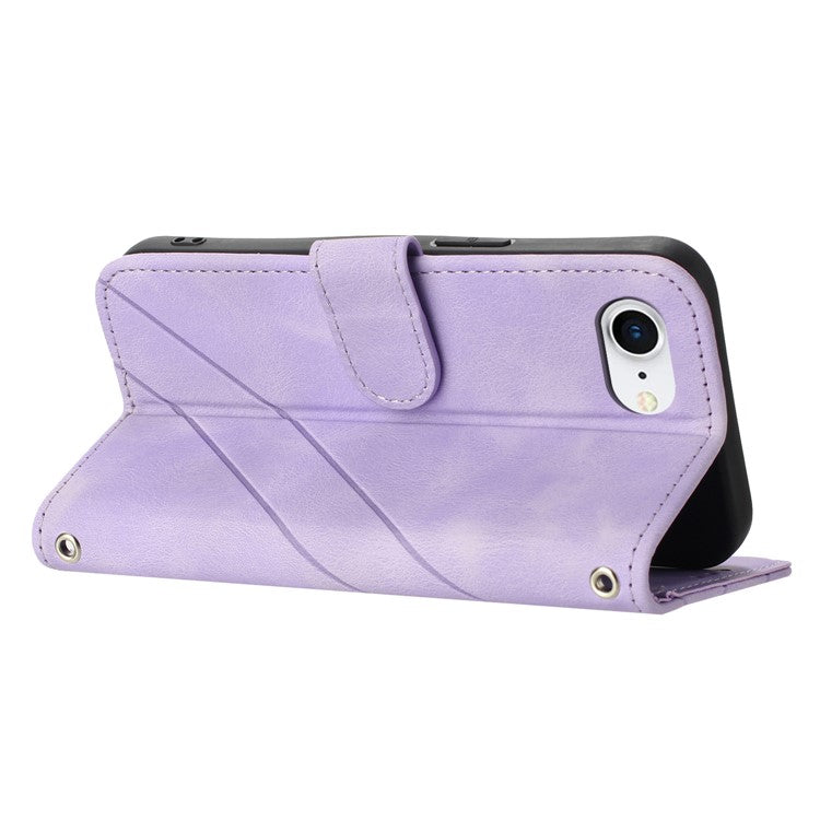 For iPhone 16e Case Imprinted Line Leather Phone Cover with Handy Strap - Purple