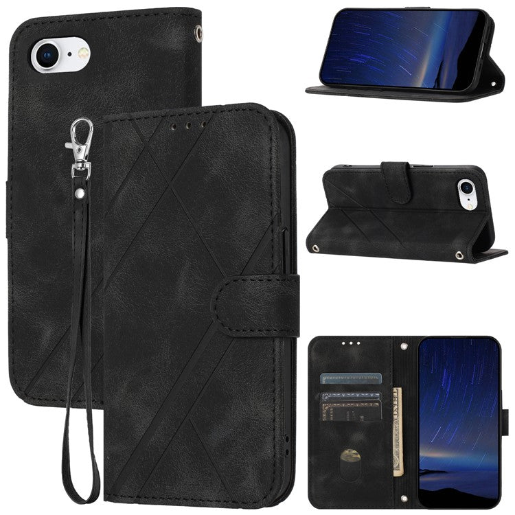 For iPhone 16e Case Imprinted Line Leather Phone Cover with Handy Strap - Black