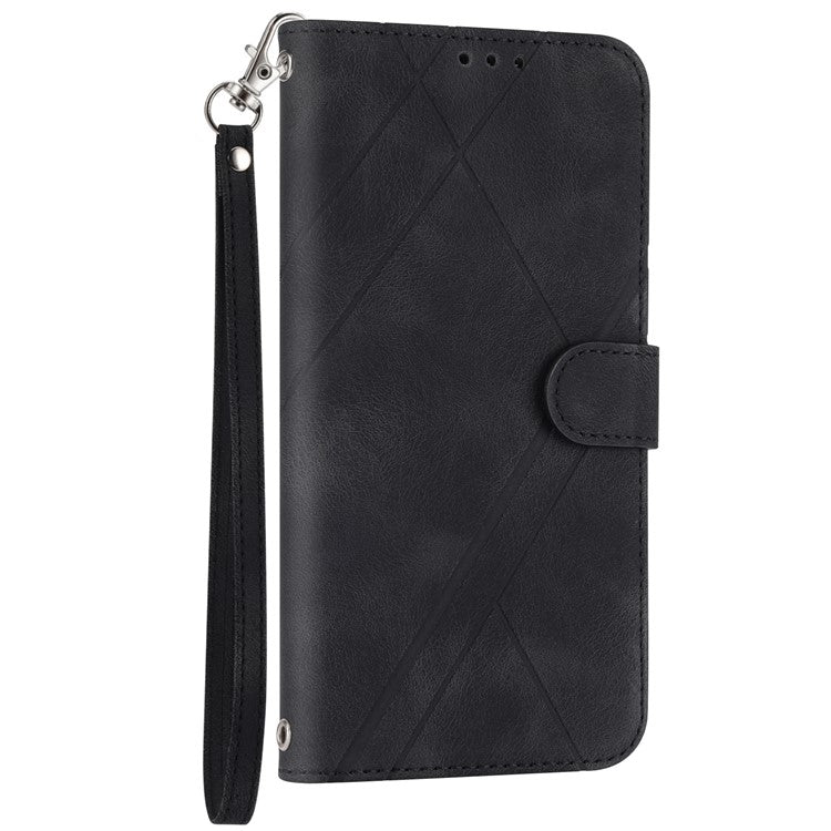 For iPhone 16e Case Imprinted Line Leather Phone Cover with Handy Strap - Black