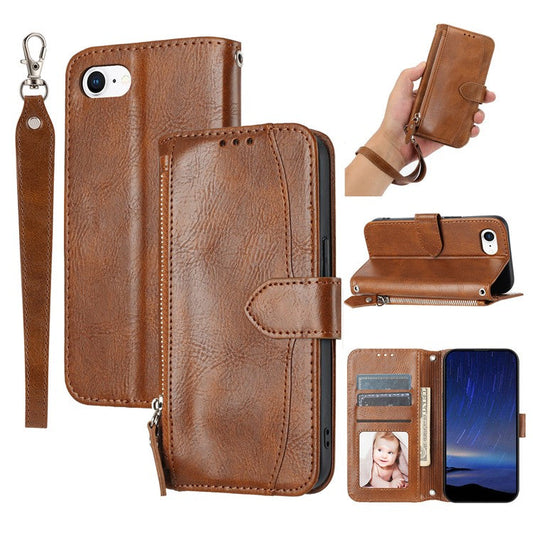 For iPhone 16e Case Zipper Pocket Leather Phone Cover with Crossbody Shoulder Strap - Brown
